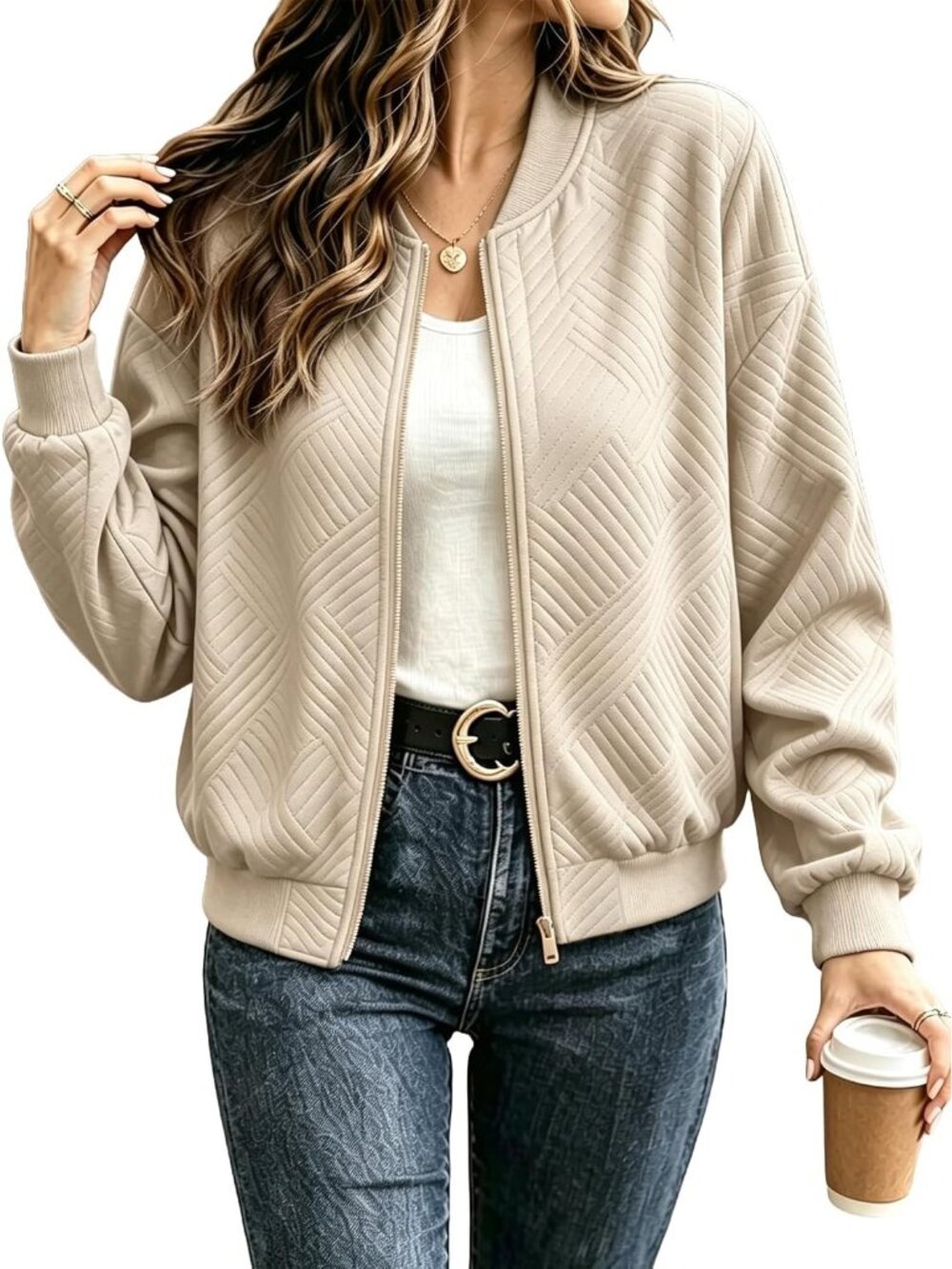 Women's Beige Chevron Textured Bomber Jacket Zip Up Lightweight Casual Fall Coat